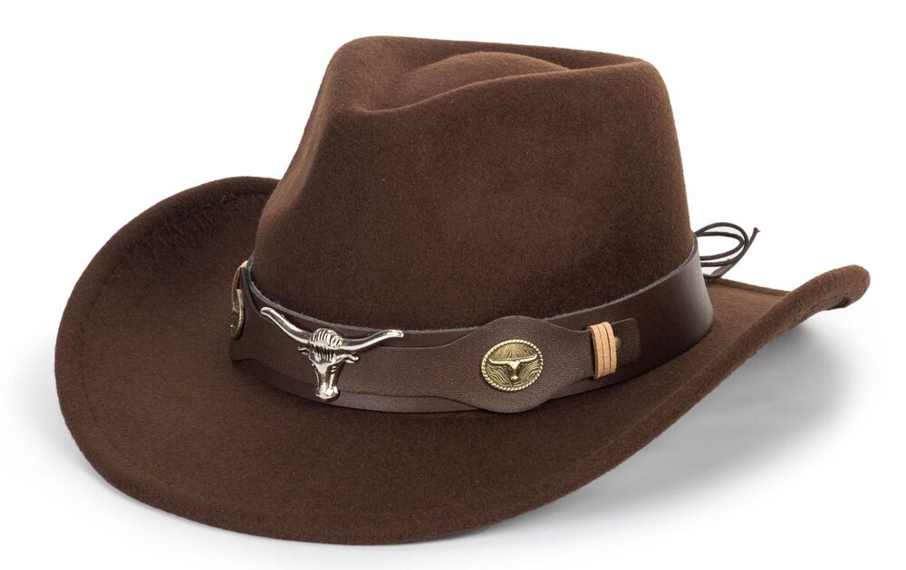 3652 Wide Brim Western Cowboy Hat Fedora-Jazz-Hat with Bull Head Band